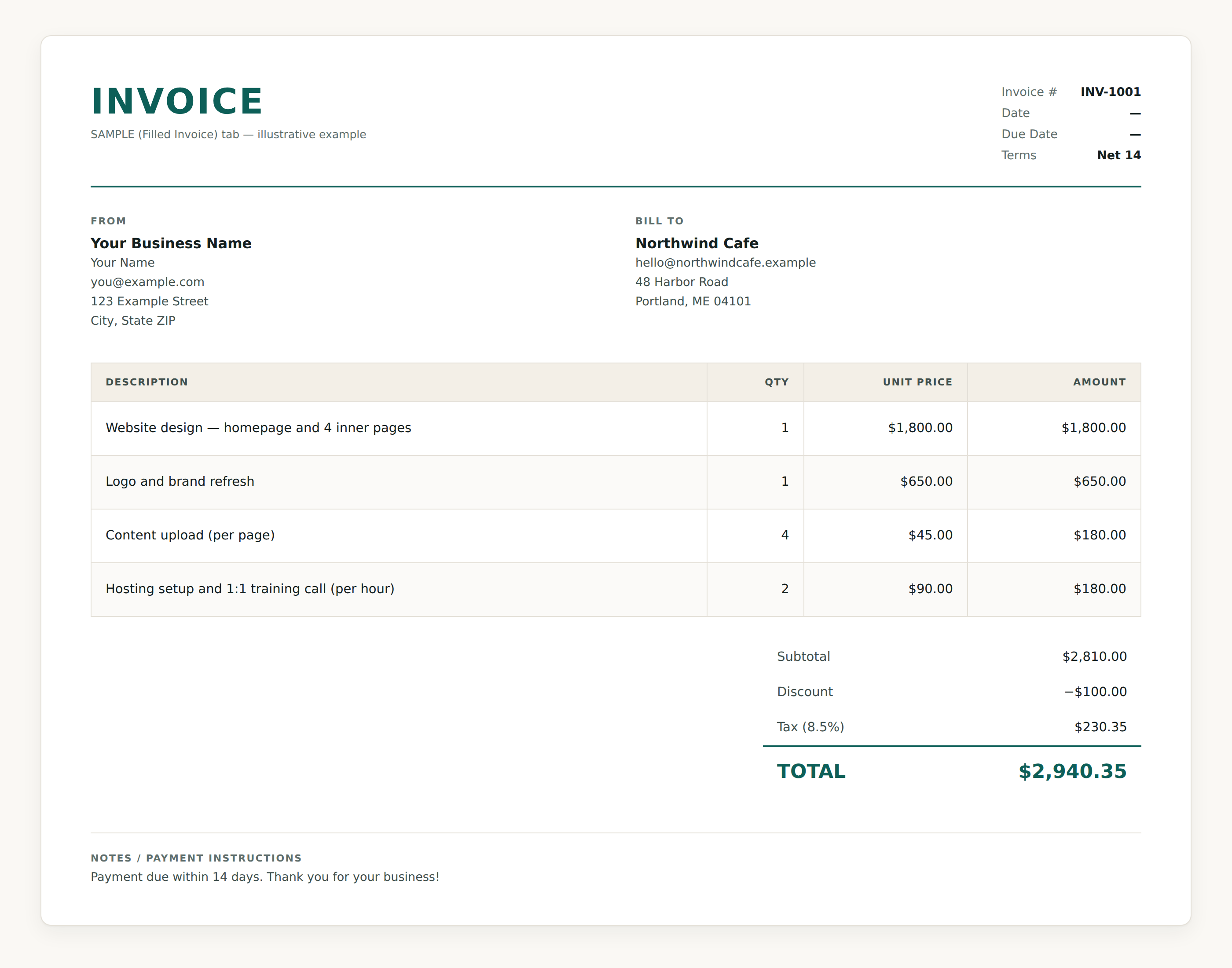 The sample invoice tab showing a billed client, four line items, and a subtotal of $2,810.00 with a $100.00 discount, 8.5% tax of $230.35, and a total of $2,940.35.